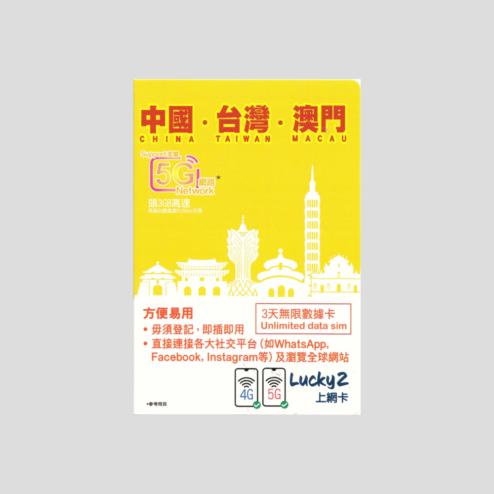Luckysim 中國大陸/台灣/澳門 5G 3/5日 數據卡