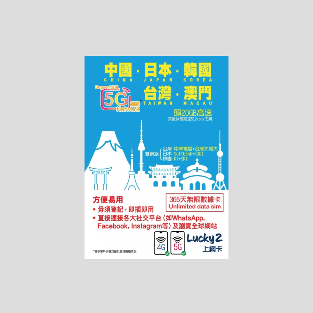 Luckysim 中國大陸/日本/韓國/台灣/澳門 5G 365日 數據卡