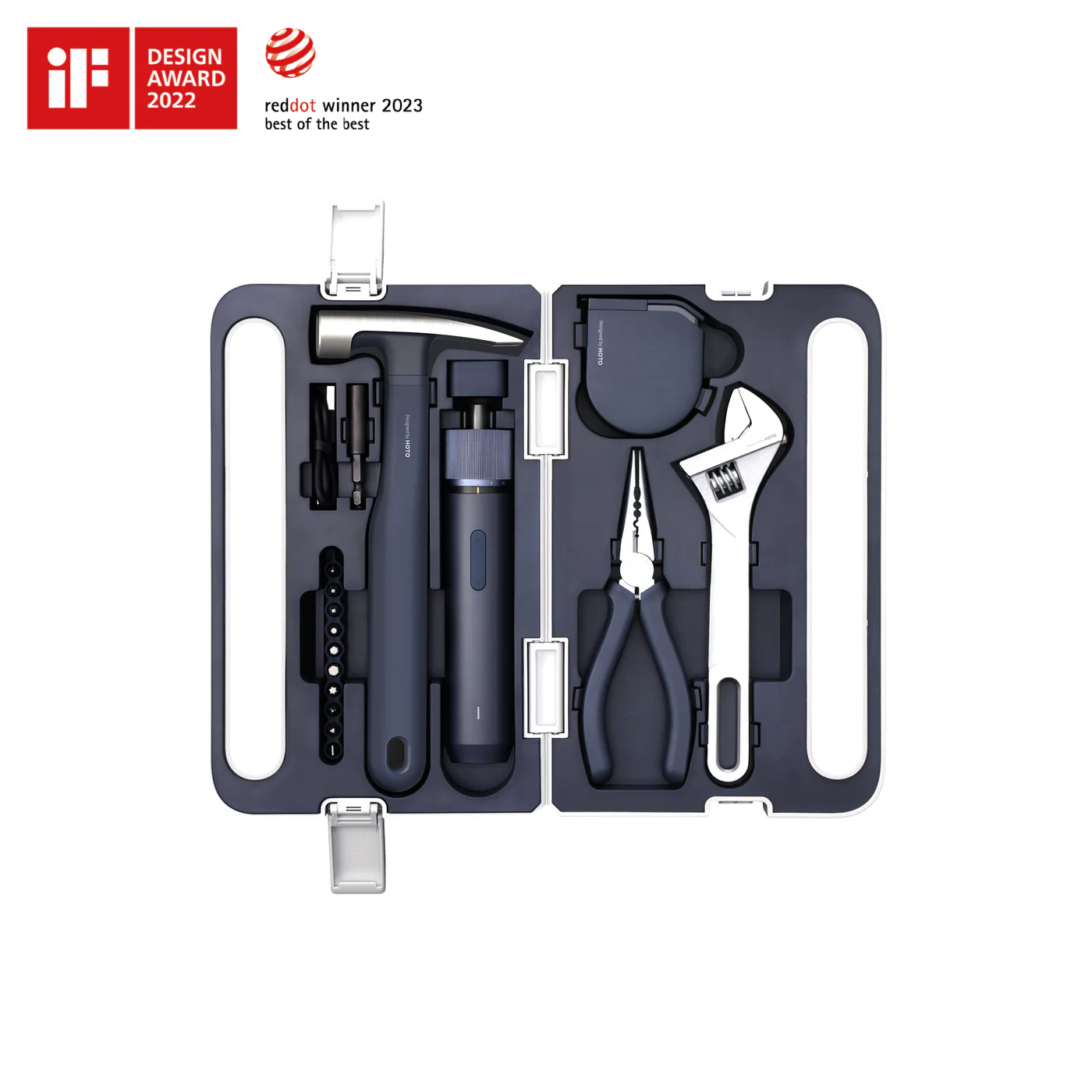 HOTO 3.6V screwdriver tool set kit with various tools arranged in a black case, featuring design awards on a white background.