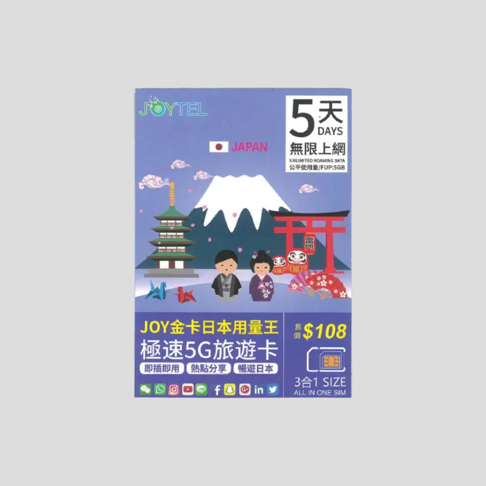 JOYTEL 日本 5G 5/7/8/10/15/30日 數據卡