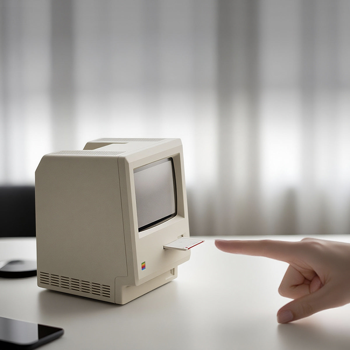 Retro Macintosh Clock on a desk, vintage Macintosh-inspired digital alarm clock with a hand pointing at its retro computer design.