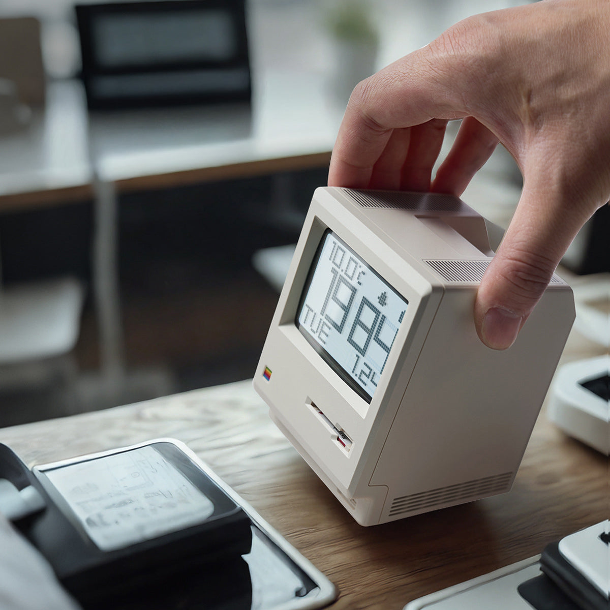 Hand adjusting the Retro Macintosh Clock digital alarm clock showing time, date, and temperature on a desk with a blurred office background